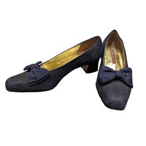 Valentina Rangoni Women's Blue Textured Leather Bow Trim 1.5" Heel Pump Sz 9.5B